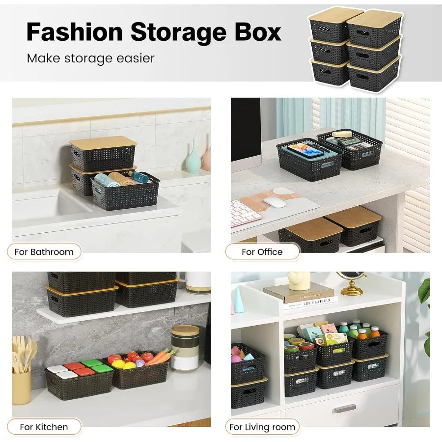 Plastic storage baskets with bamboo lid stackable containers for organizing shelves drawers desktop closet play