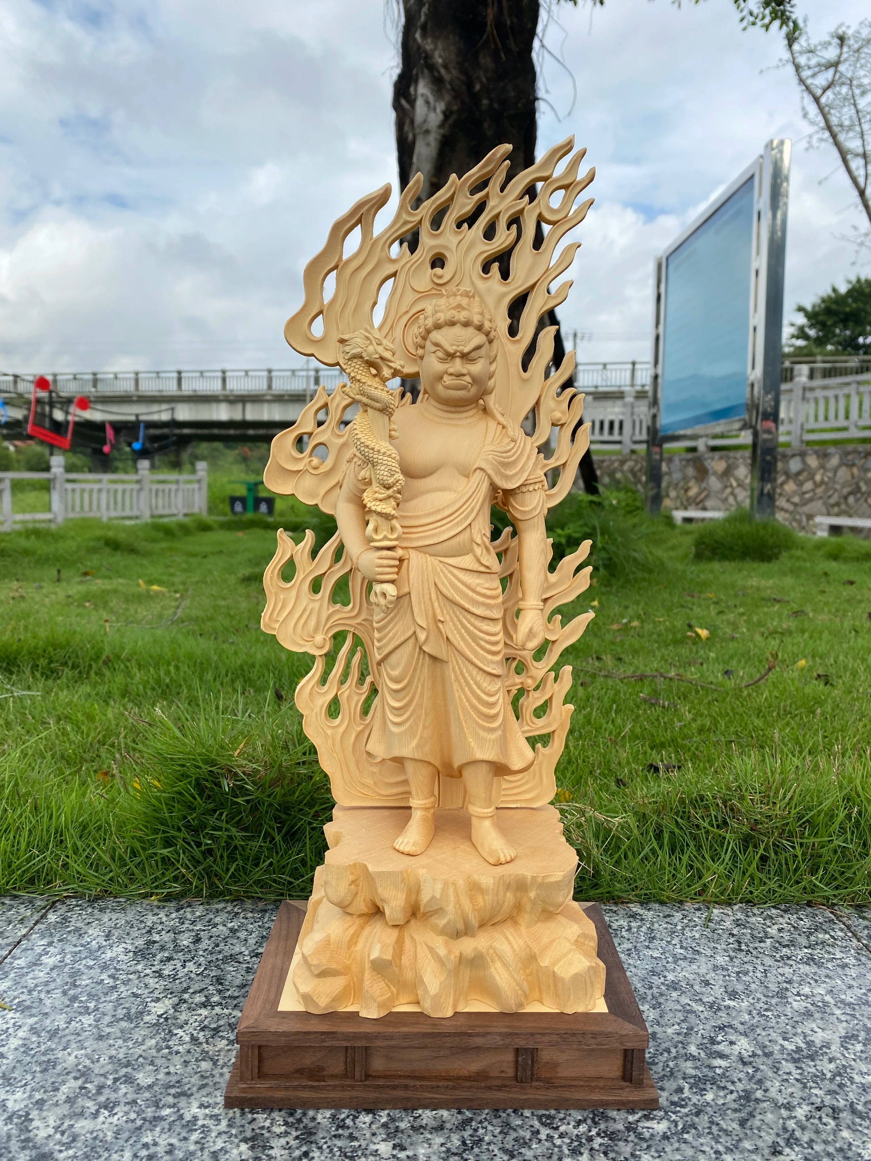 Hinoki wood hand carved fudo myoo acalanatha statue figurine with dragon sword - buddhist guardian protector home