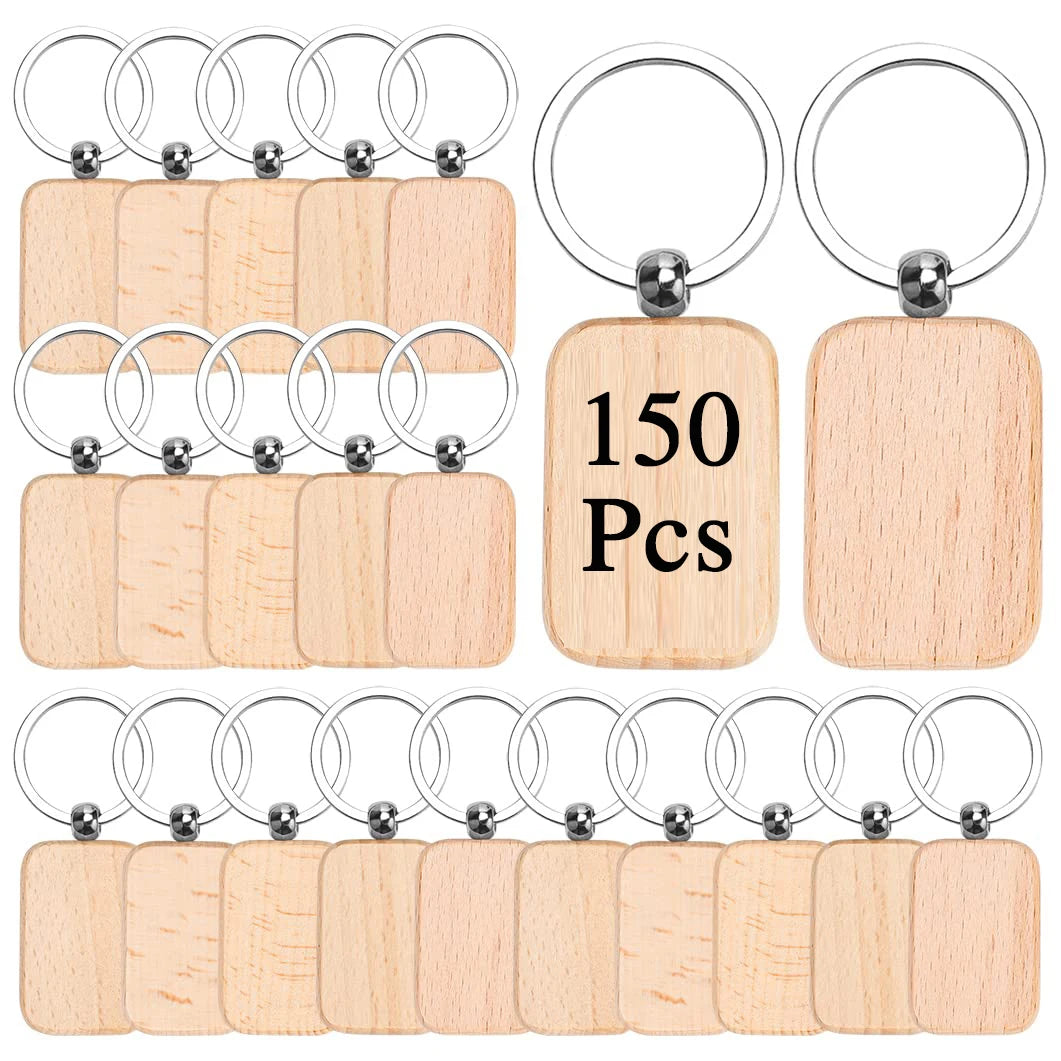 150pcs blank wooden carving key label with loop keychain keytag for diy gift - rectangular / 150 pieces - chain