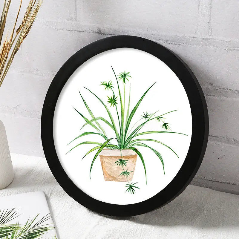 Classic wood round photo frame simple nordic style picture frames hanging solid color background wall decoration