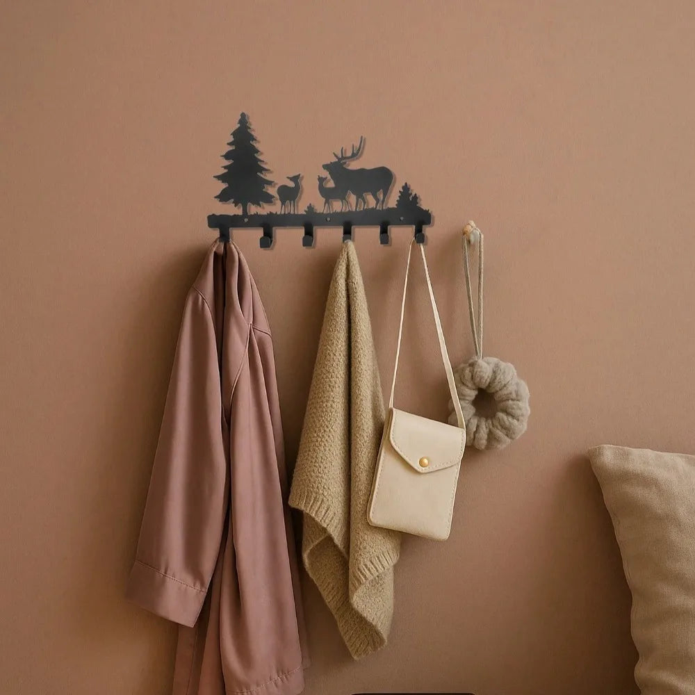 Rustic wooden coat rack with bear & deer hooks - wall mounted tree branch design for towels jackets | farmhouse
