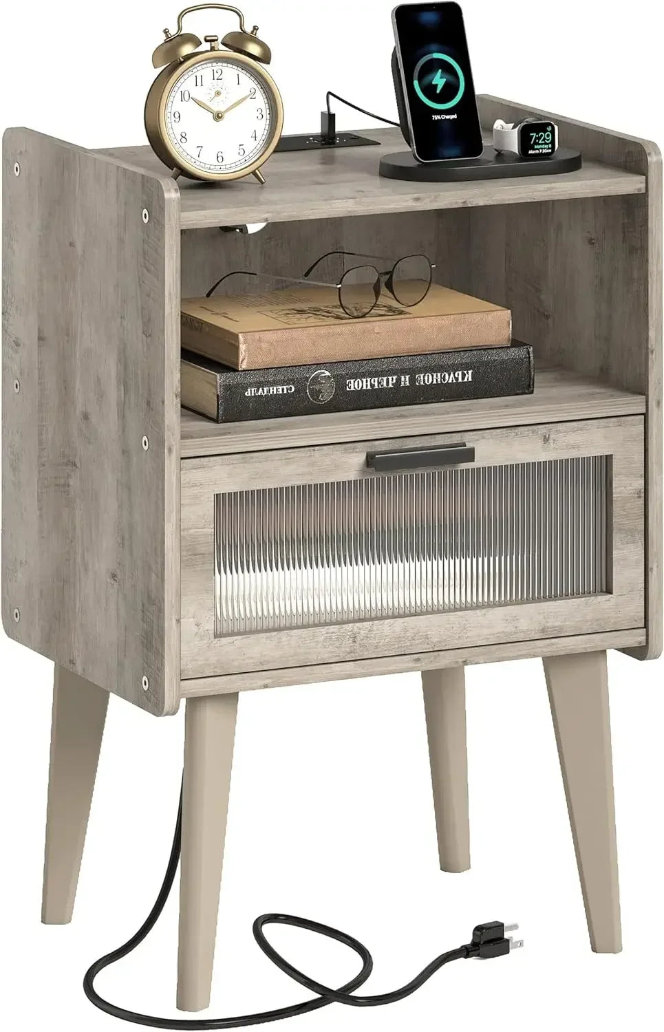 Charging station bedside tables oak grey end table side with 2 tiers storage space for bedroom living room mlbz07ge