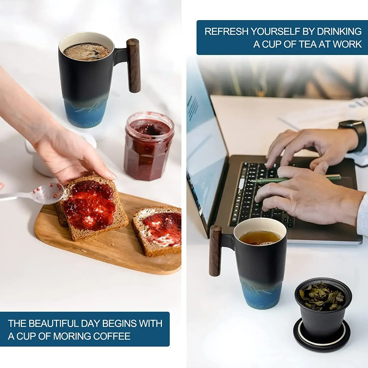 Ceramic tea cup vintage luxury thermal mug with infuser lid coffee mugs beer drinkware wooden handle 400ml personalized