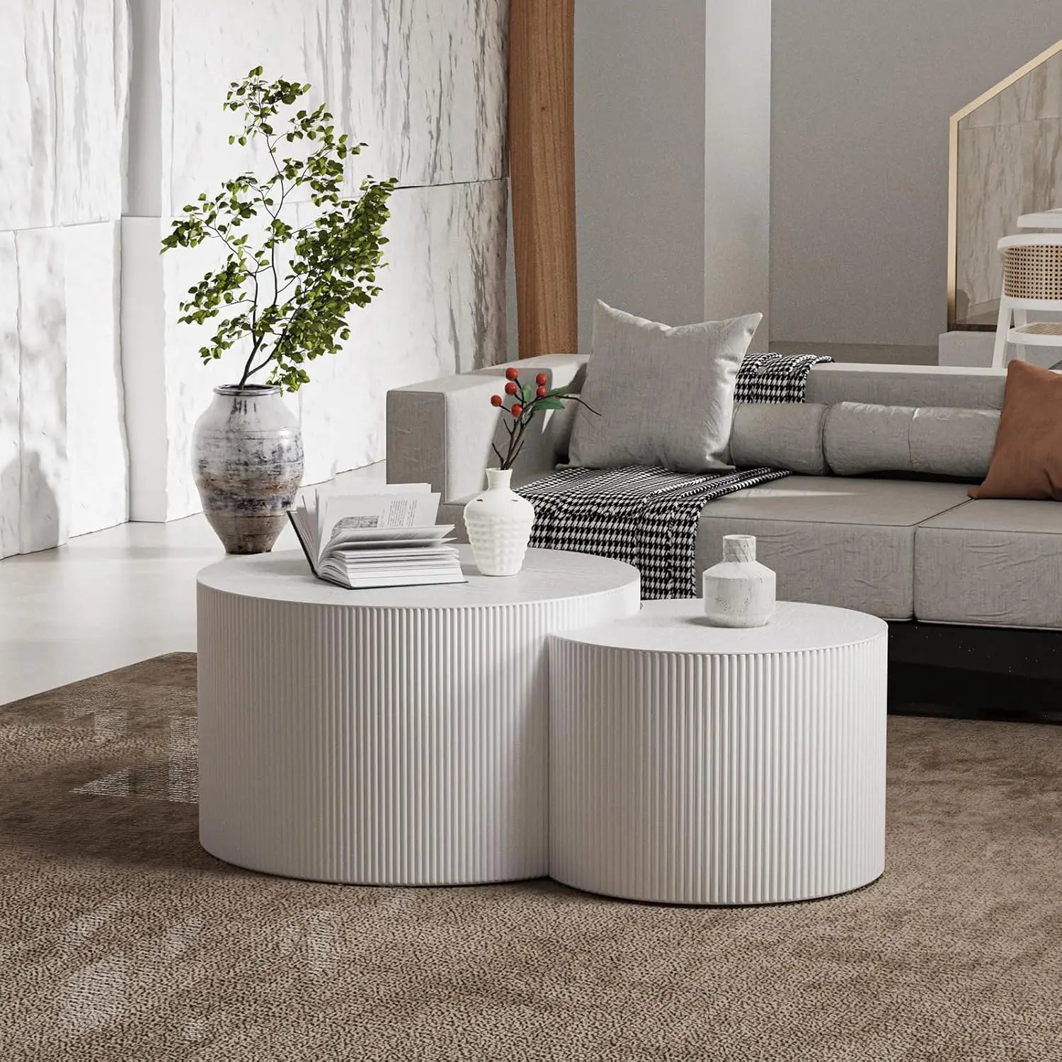 Handcraft round nesting coffee table - chic wave stripe edge modern stylish walnut wooden circle fluted center