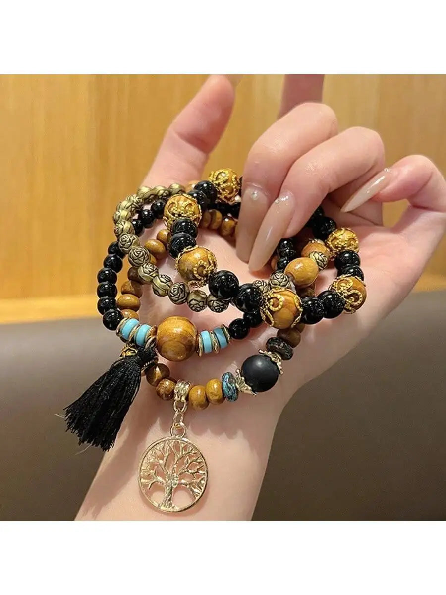 Bohemian style multi-layer wooden bead bracelet elastic hand jewelry hollow tree of life tassel pendant - united states