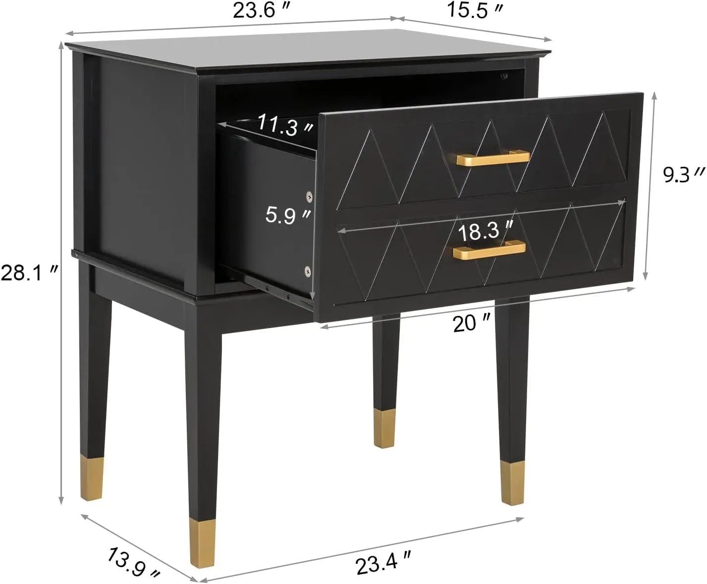23.6’’ nightstand end table with storage drawer tall wide top wooden legs bedside night in bedro