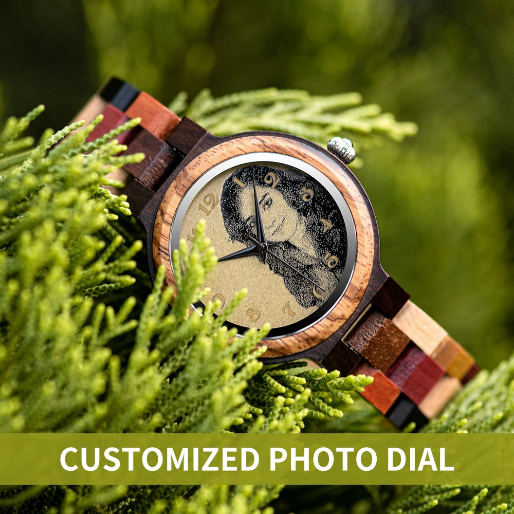 Bobo bird custom wooden watch personalized photo couple fashion casual gift for him anniversary present support