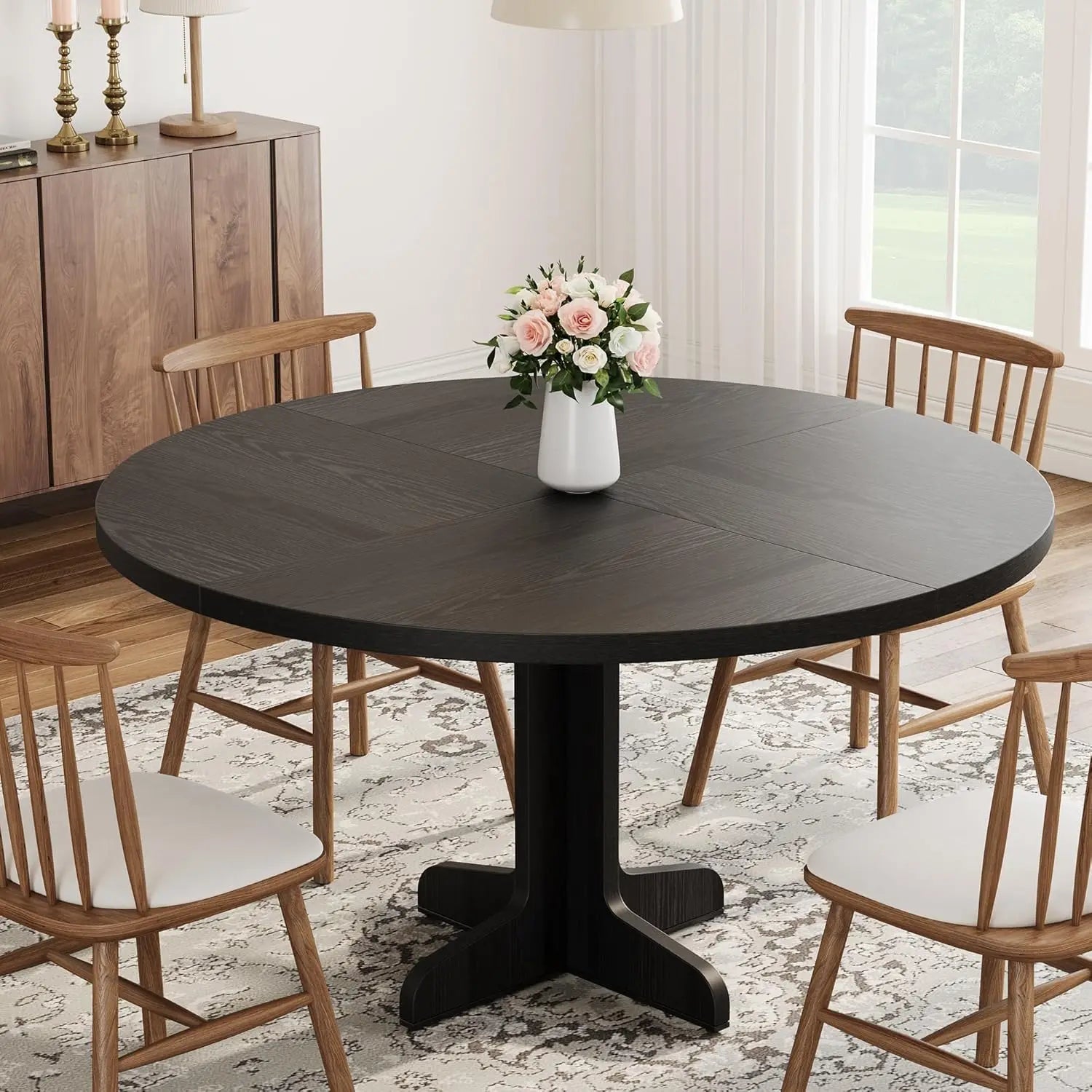 Round dining table for 4 47 inch farmhouse circle kitchen with wood tabletop and stable base home room living