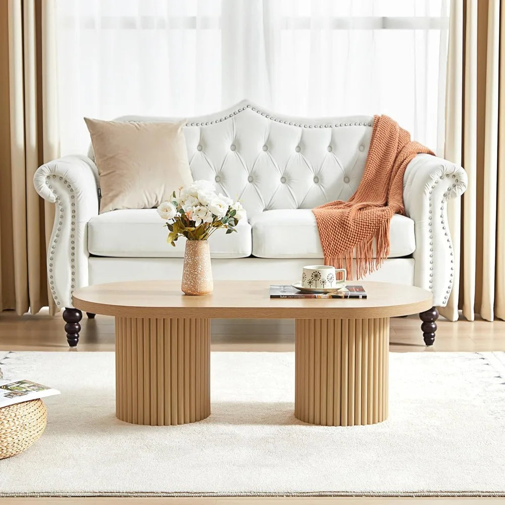 Fluted oval coffee table for living room boho modern with legs curved round wood center home s