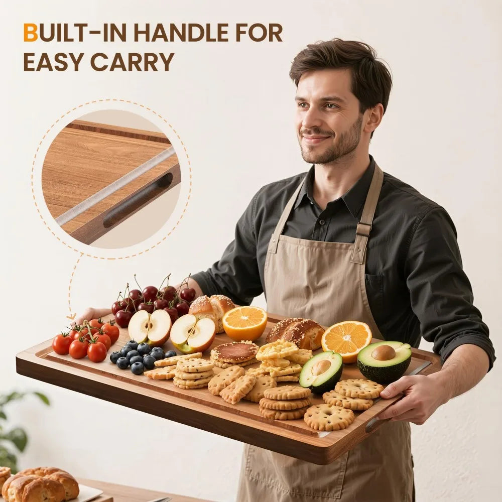 Acacia wood cutting board for kitchen,20x15x1.2 inch butcher block with juice grooves and side handles large