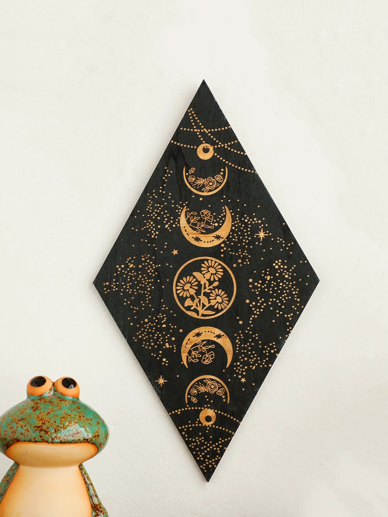 Black moon phase wooden wall decor rhomboid witch hanging art boho home decoration room decors aesthetic gift