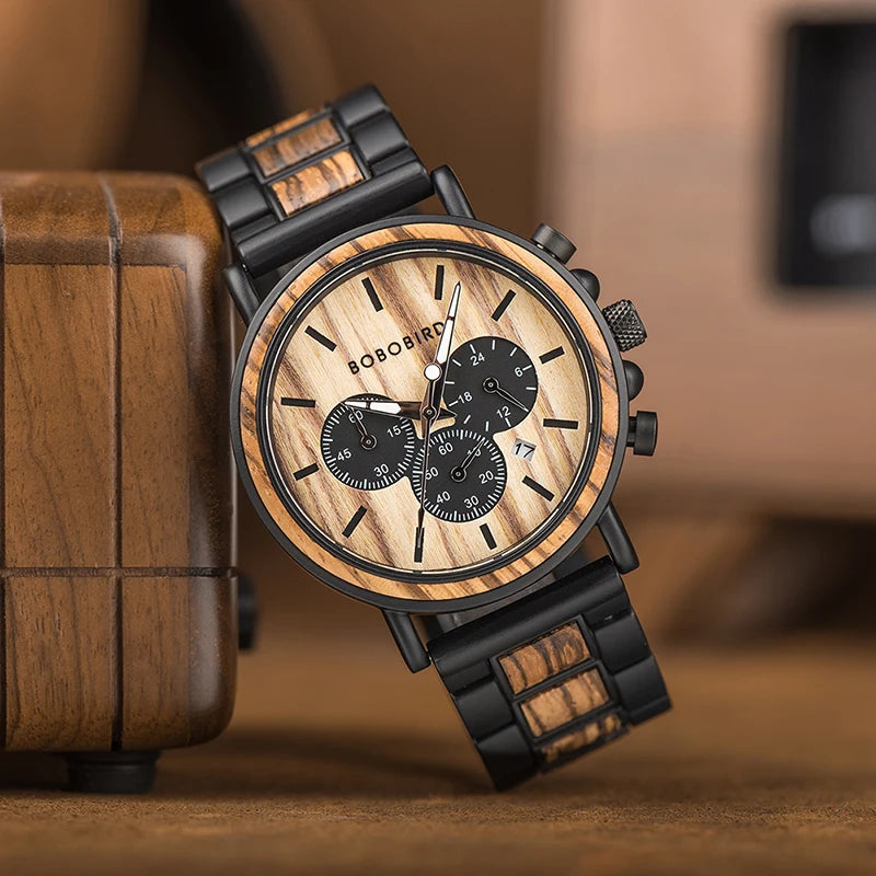 Bobobird luxury men watch top quartz chronograph personalized wristwatch timepiece metal wooden strap gift box relogio