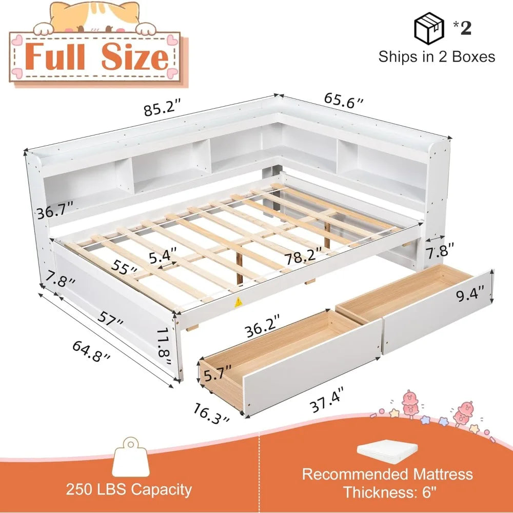 Full size daybed with storage and drawers l-shaped corner bed frame bookcase headboard solid wood captains