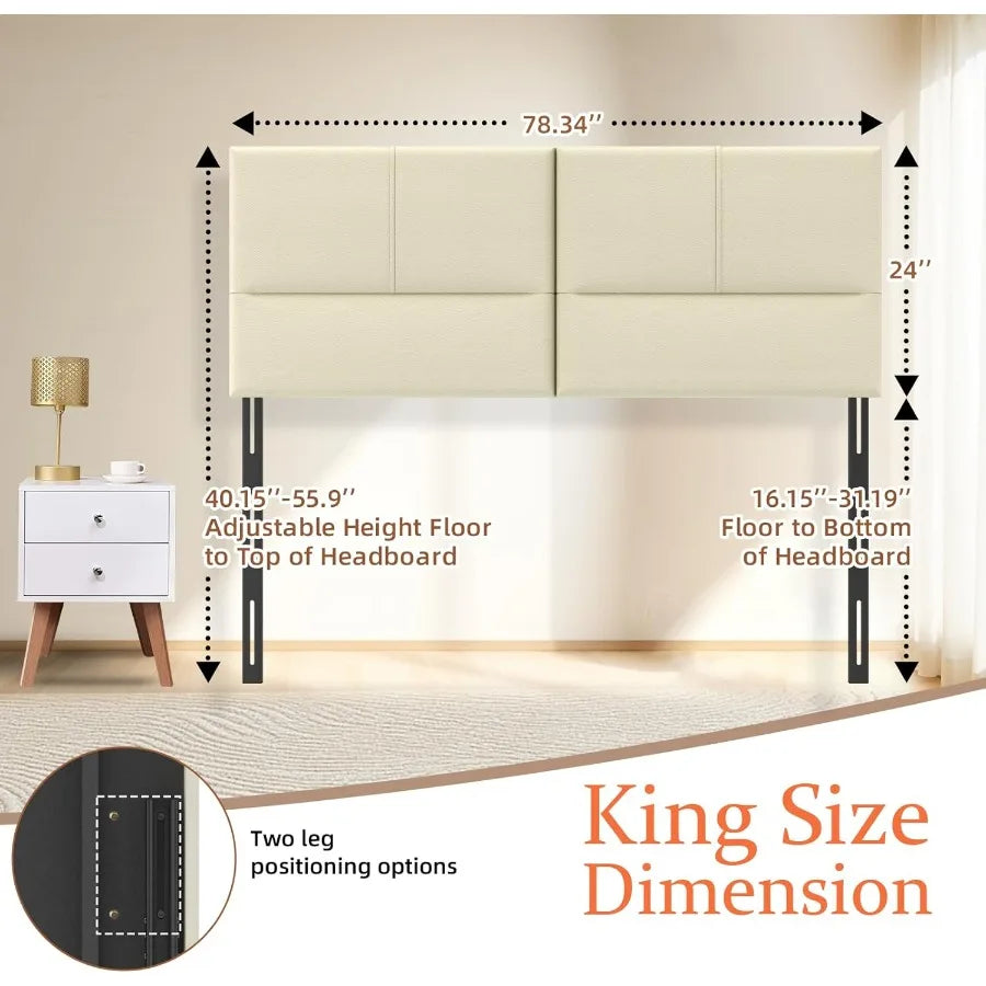 Upholstered headboard king size solid wood head board with sturdy metal legs leather bed height adjustable beige