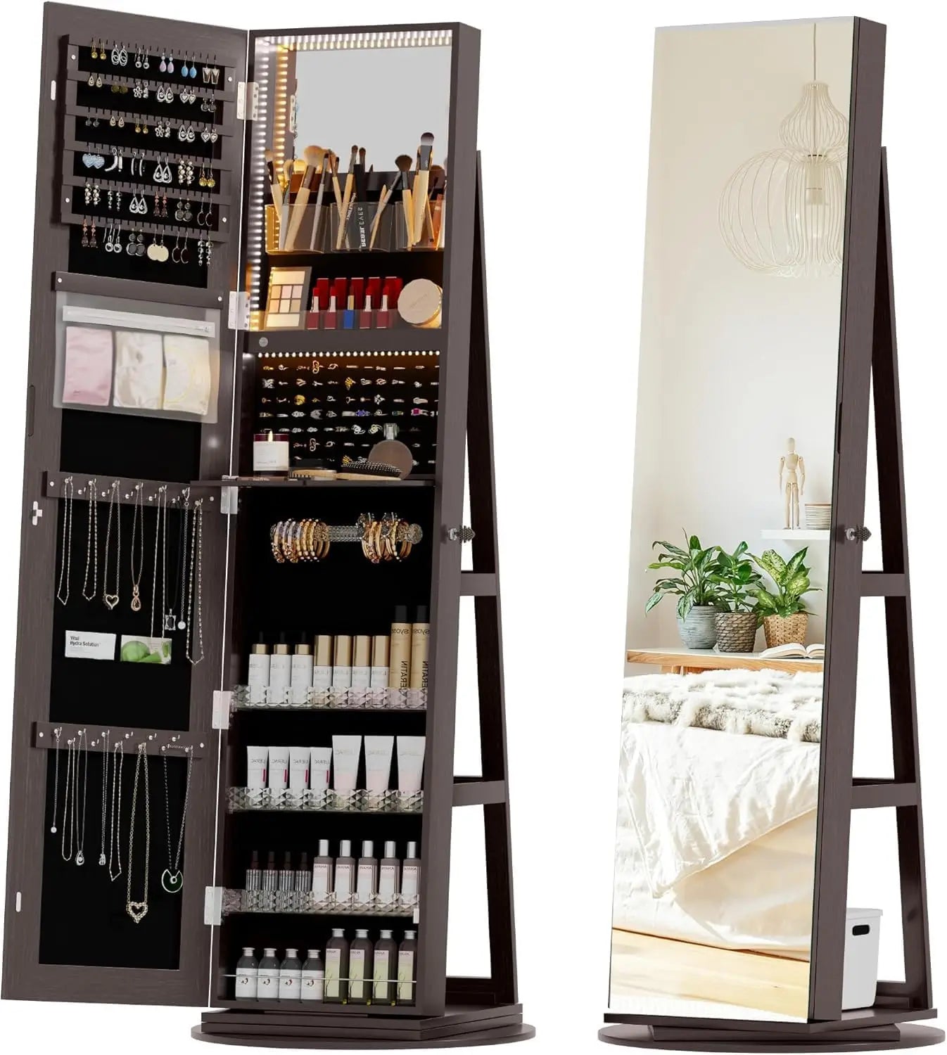 Full length mirror armoire with led lights lockable cabinet jewelry storage 360 swivel - b-walnut / united states