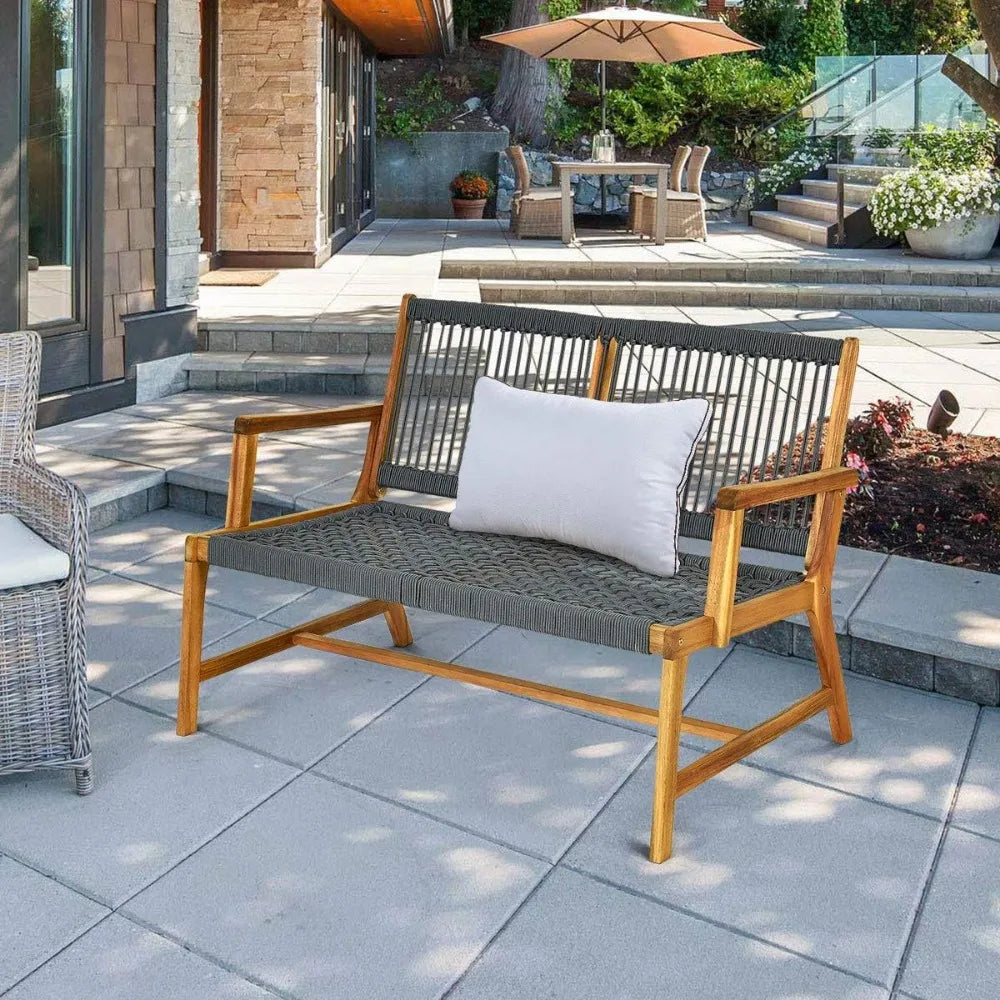 Acacia wood 2-person patio bench with teak oil finish outdoor rope loveseat for balcony deck poolside and porch - grey