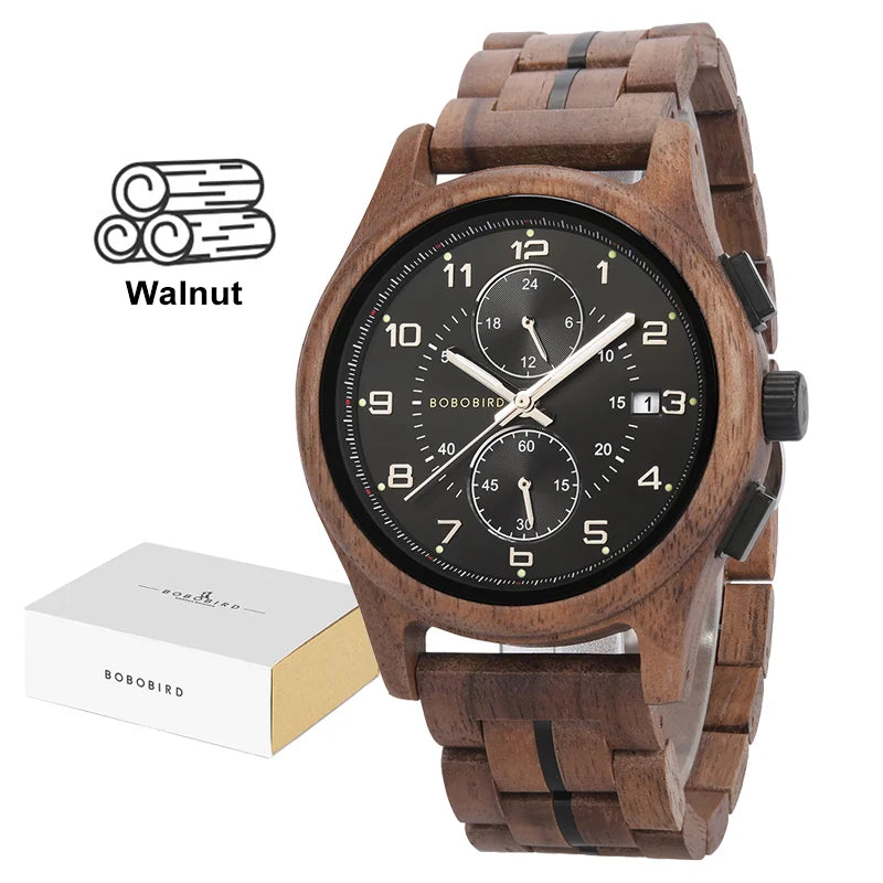 Bobo bird men watches 44mm luxury quartz watch lightweight wooden case and straps for casual support customize gift box