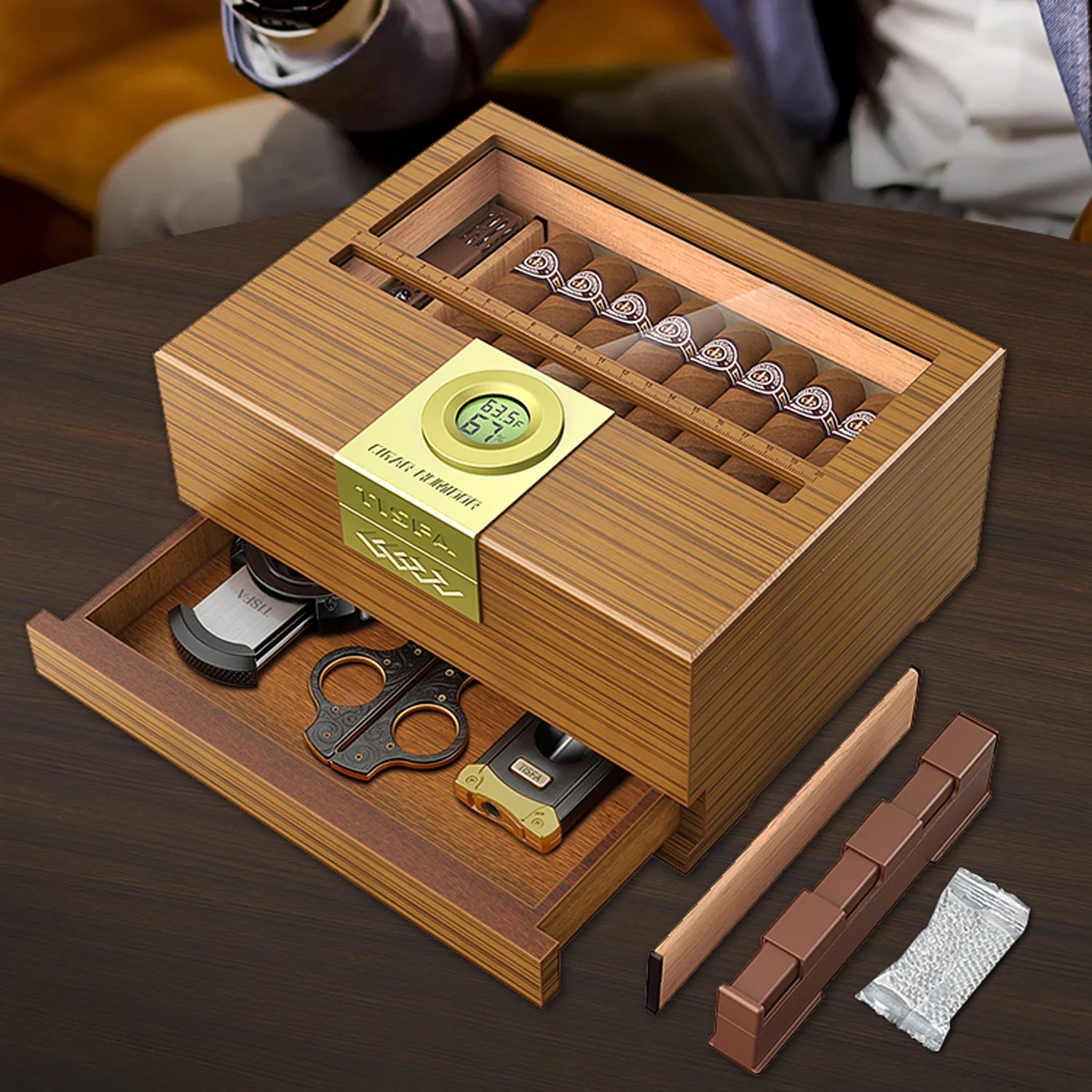 Cigar box humidor with hygrometer and humidifier cedar wooden case drawer divider length gauge desktop gift