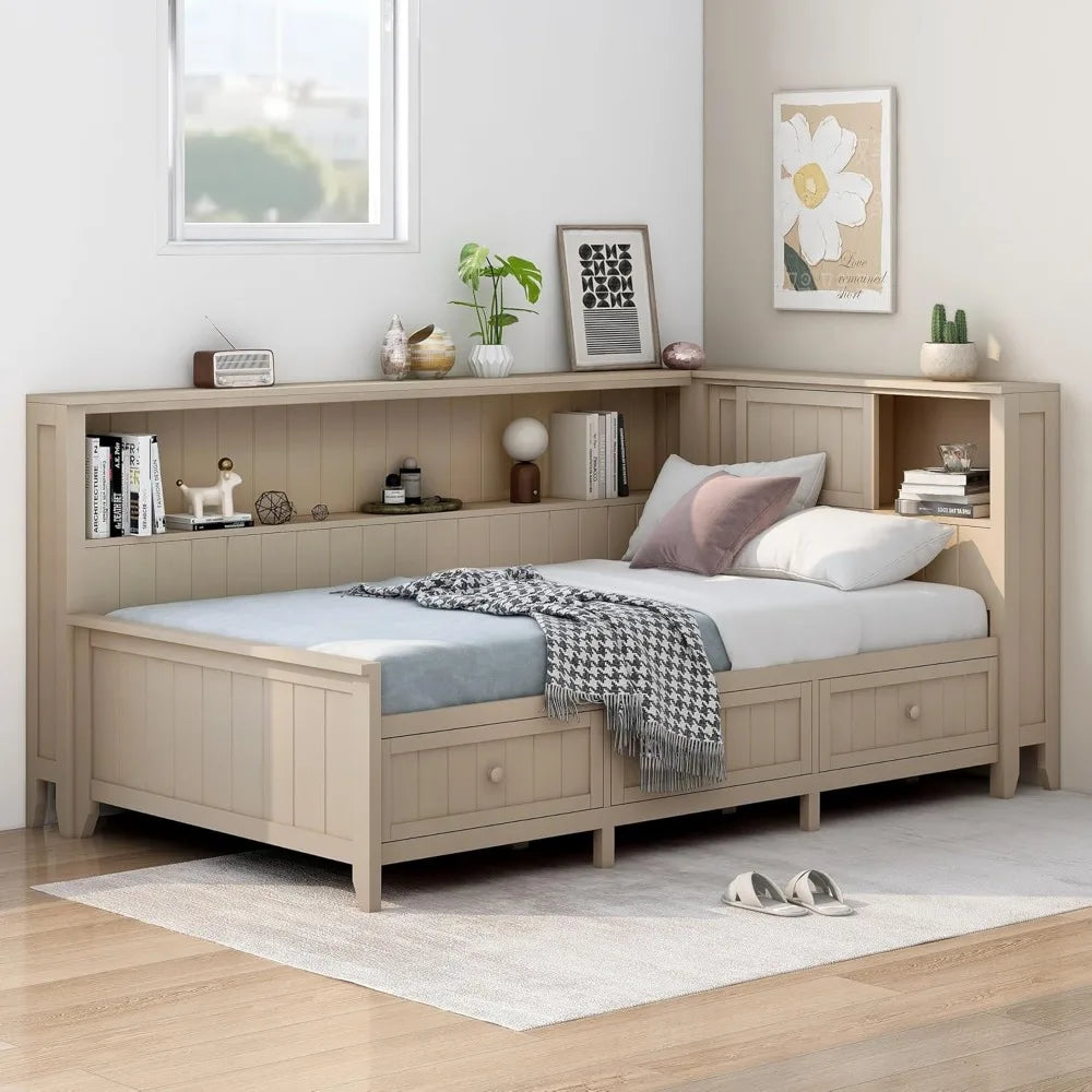 Twin daybed with bookcase headboard and storage drawers - wooden platform bed frame shelves - antique white milk