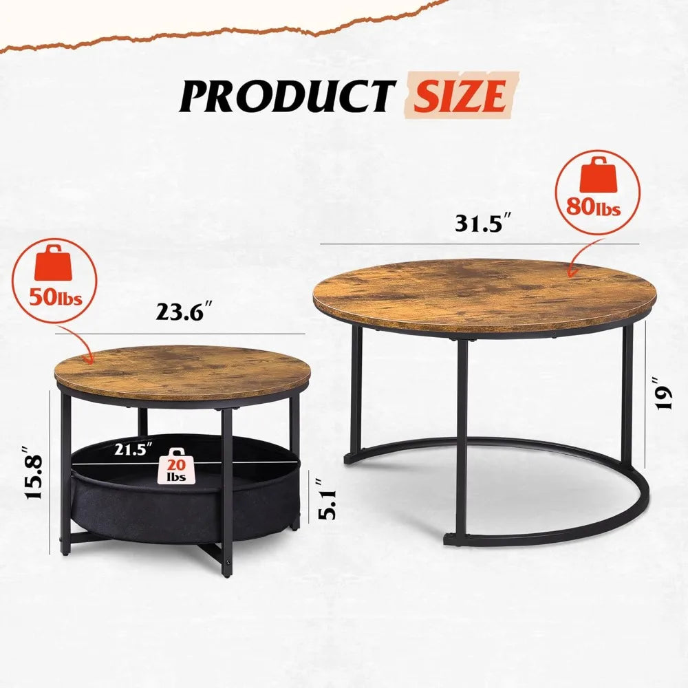 Round coffee table set of 2 31.5’’ nesting with storage industrial minimalist center metal frame - 31.5 rustic brown
