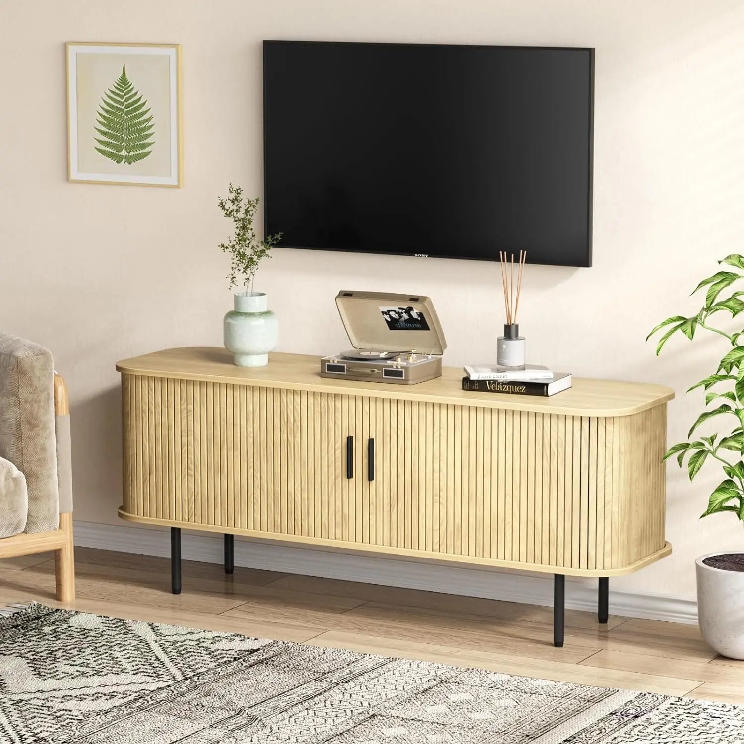 Vabches tv stand for up to 65 inch tvs wood storage cabinet with fluted sliding door console table credenza living room
