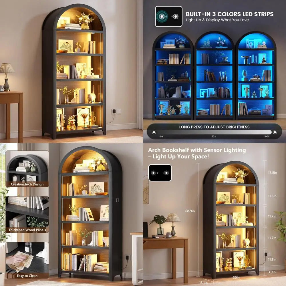 Arch bookcase - 5 layers bookshelf with 3 colors led sensor lights and thickened wooden design display shelf for lego