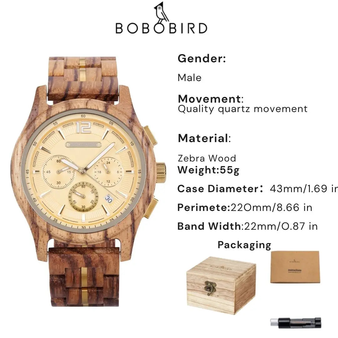 Bobobird men’s wooden watch quartz luxury wristwatch clock eco-friendly natural wood timepiece gift for him support