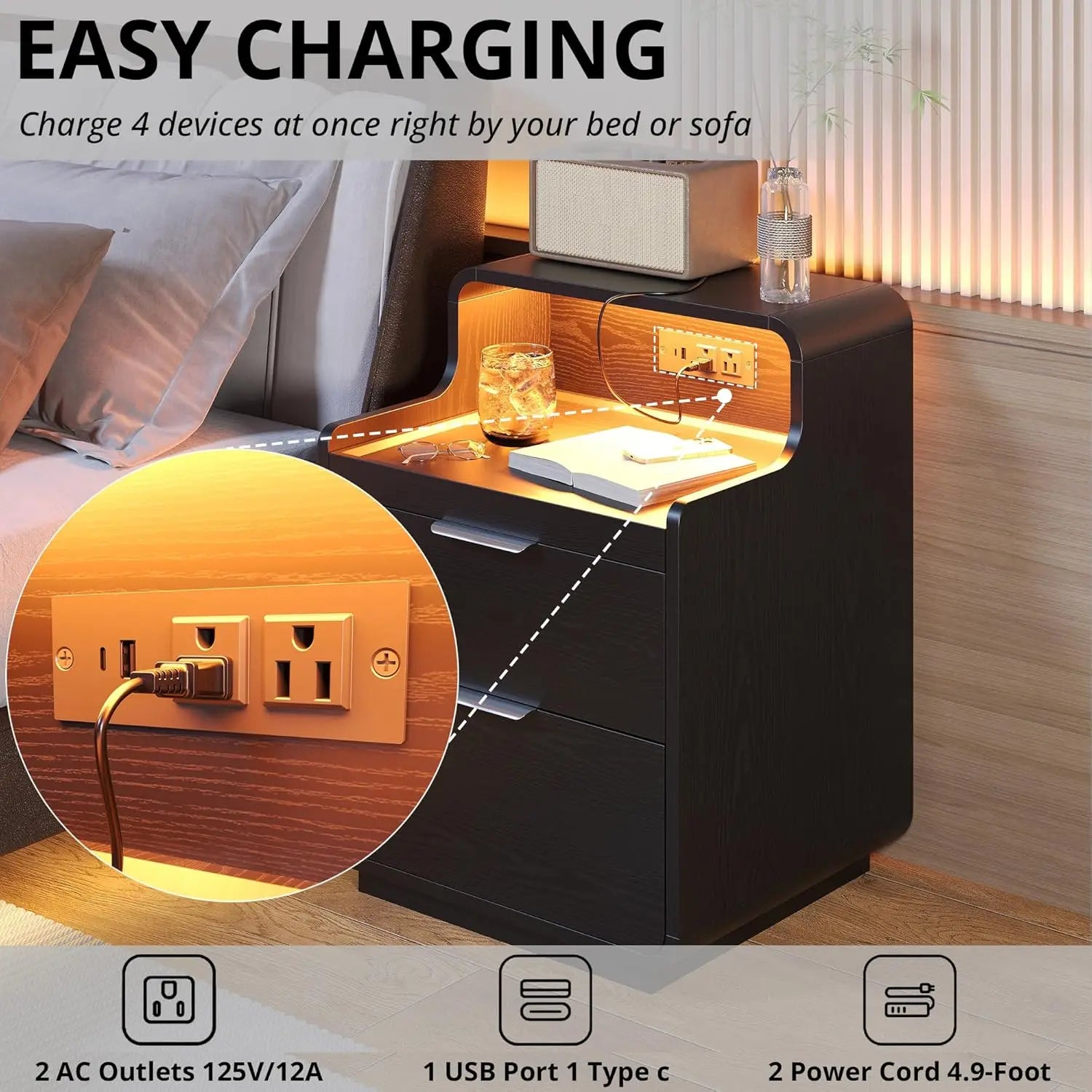 Likimio nightstand with charging station and led lights night stand pull-out shelf bedside table for bedroom black