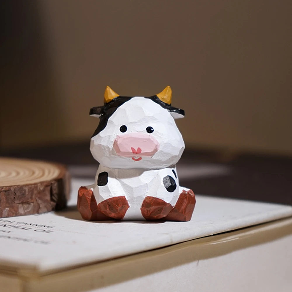 Handcrafted wood carving cow statue cute little figurines desk ornament decorations accessories animal sculpture decor