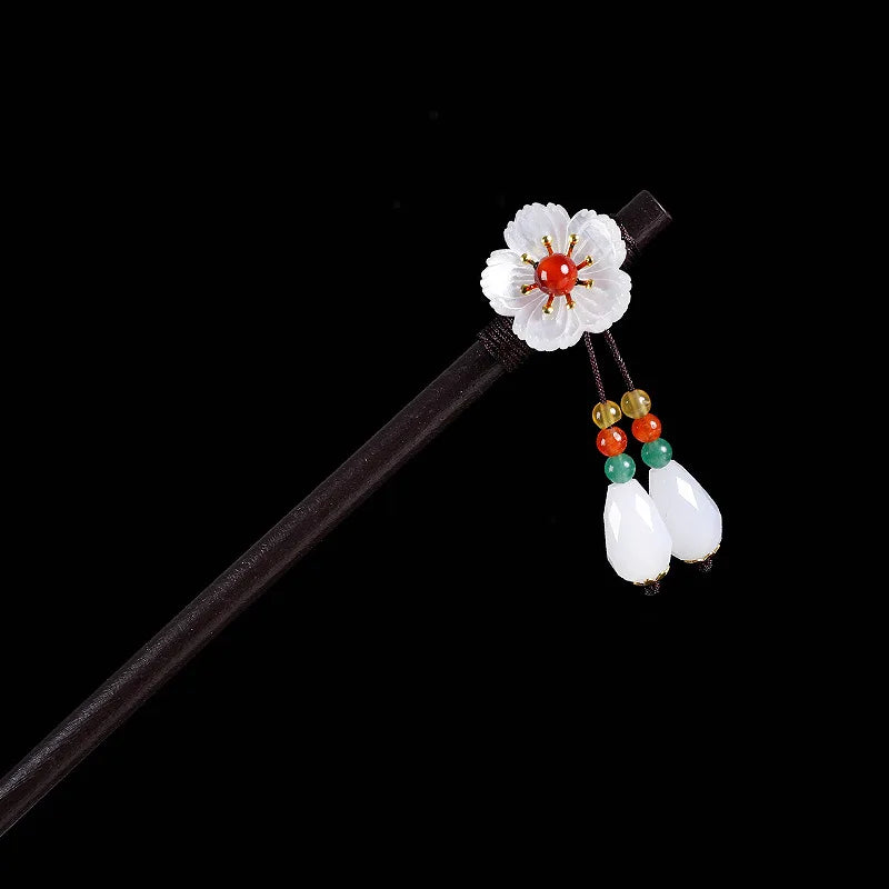 1pc wooden hair stick chinese style winding flower hairpin with tassel elegant lady clip accessories vintage 2024
