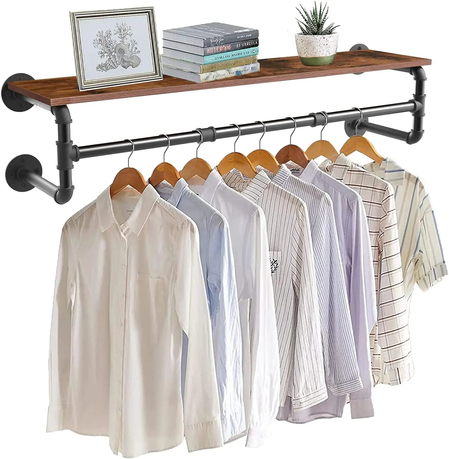 Industrial pipe clothes hanging rack with wood shelf wall mounted