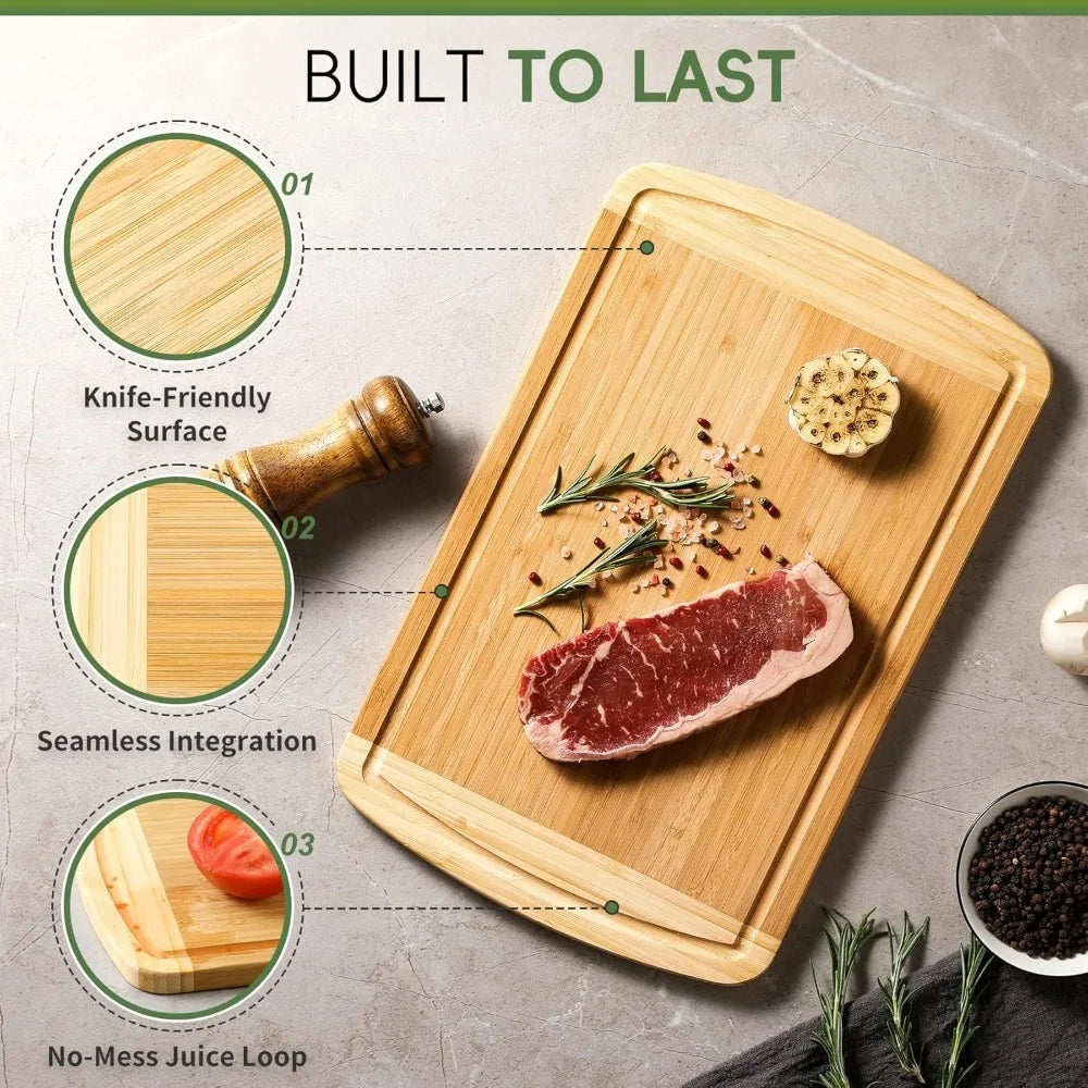 Large wooden cutting board for kitchen meal prep & serving - bamboo boards with juice groove side handles charcuterie