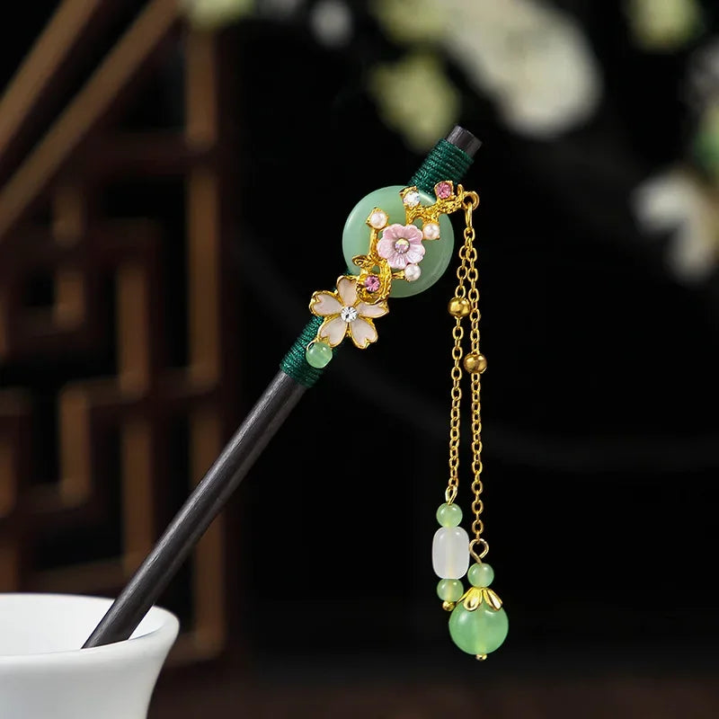 1pc wooden hair stick chinese style winding flower hairpin with tassel elegant lady clip accessories vintage 2024