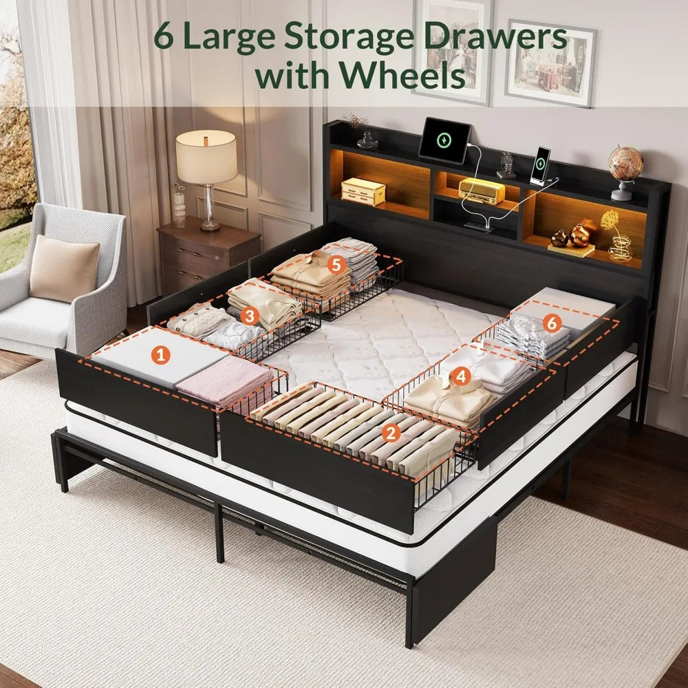 King size storage bed frame – 6 built-in drawers wooden headboard & led lights with charging station