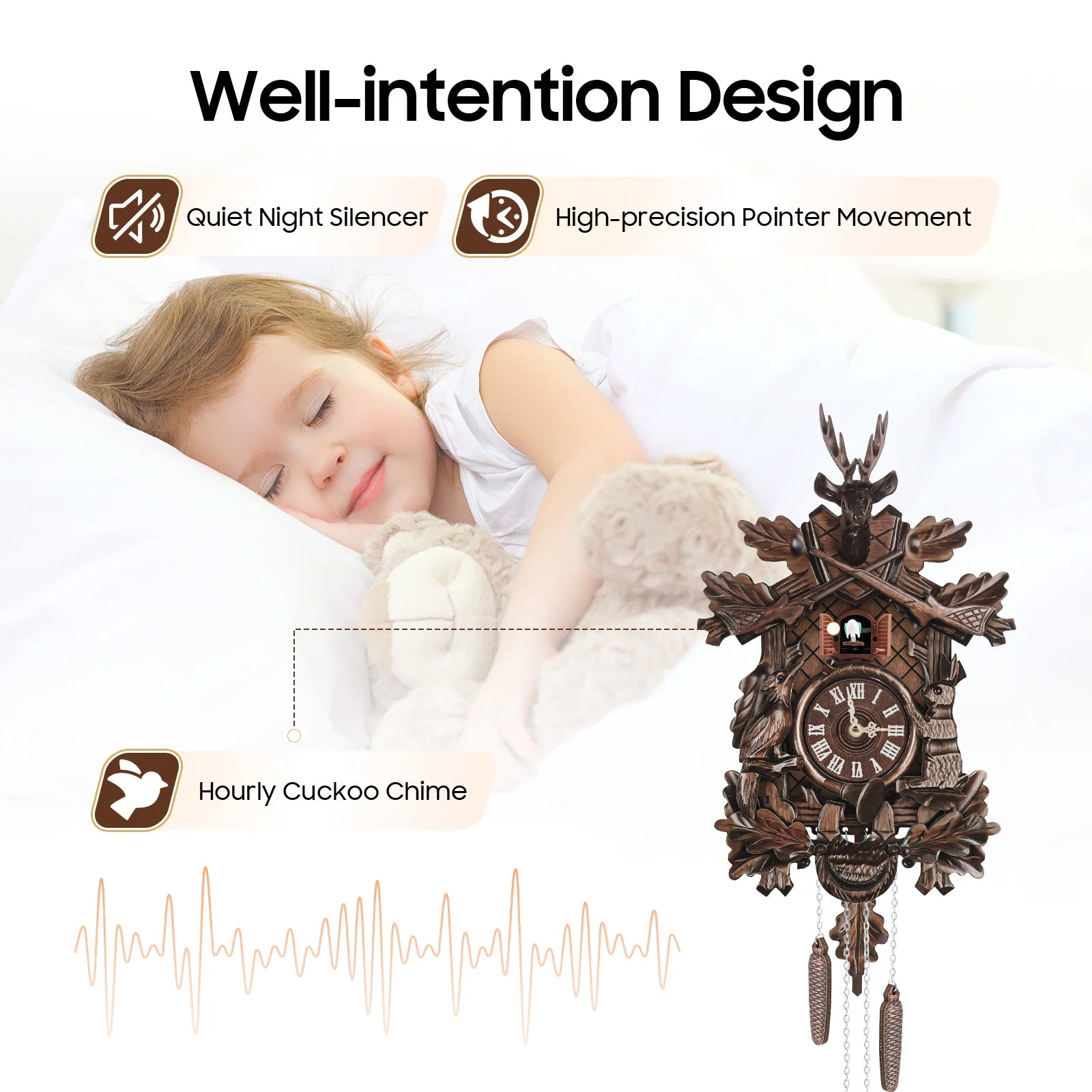 Wooden forest cuckoo clock wall mount retro house style with hourly chime sound night silencer - brown / united states