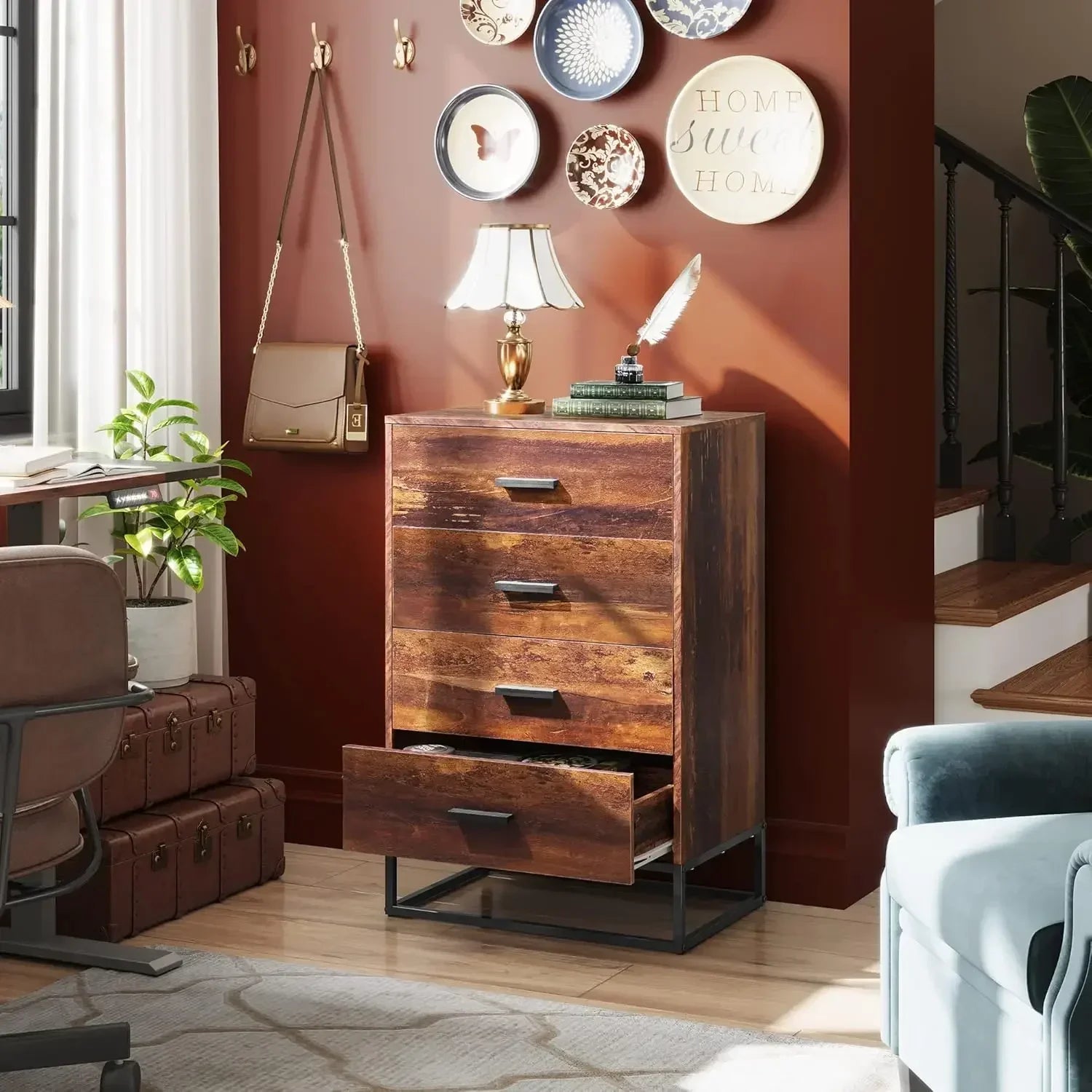 Wood dresser for bedroom with 4 drawers chest of tall sturdy metal frame hallway living room - united states