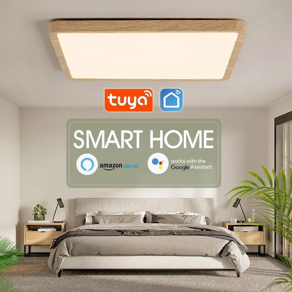 Tuya smart ceiling lamp 36w wood grain square design led light with alexa google voice control for home
