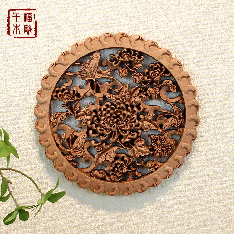 Chinese style wooden wall art camphor wood carving round floral bird decor for living room & bedroom decoration