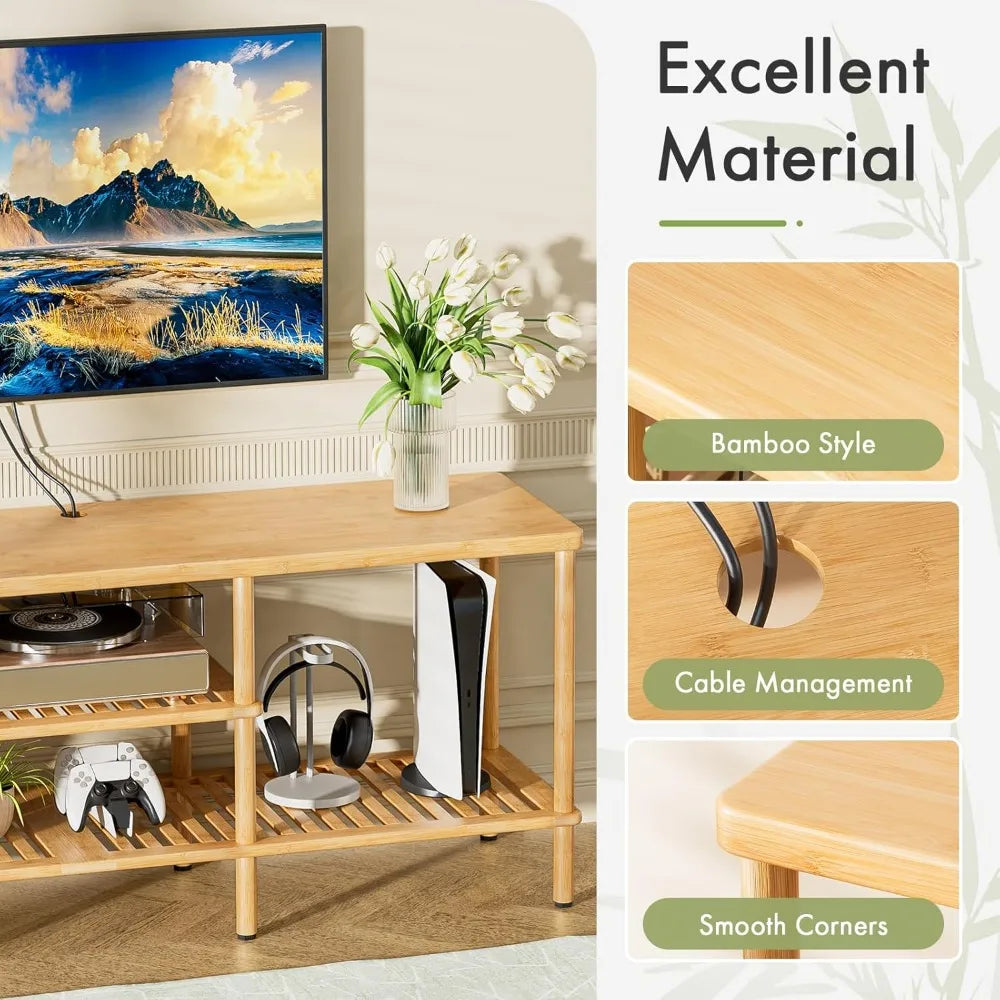 Bamboo tv stand for 60-65 inch tvs: 3-tier open storage entertainment center wooden living room table - natural