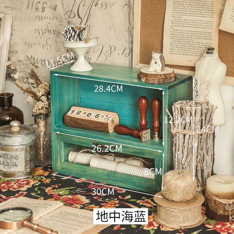 Retro wooden desk storage box multi-layer doll figure display stand desktop drawer type cosmetic jewelry decoration