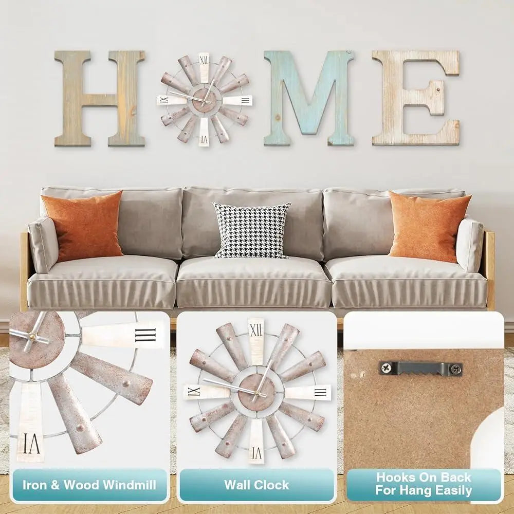 Farmhouse wall decor rustic home signs windmill clock iron wood letters art living room kitchen entryway dining