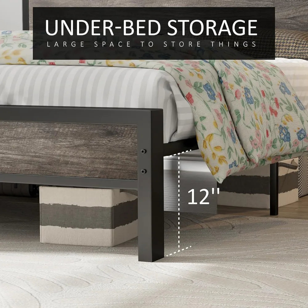 Queen size bed frame industrial platform with charging station 2-tier storage headboard/no box spring