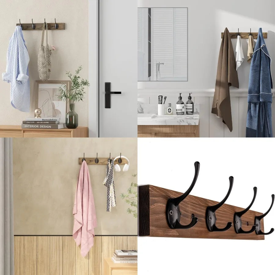 Wall mounted wooden hat rack with 4 hooks for entryway bathroom bedroom durable brown coat hook storage solution