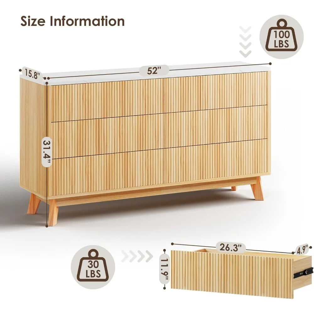 Fluted 6 drawers dresser for bedroom,52’’ wide handleless chest of with faux marble top wooden tv stand wood dr