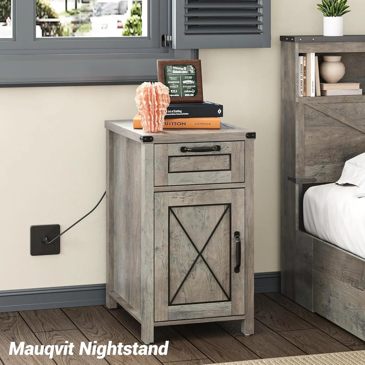 Vabches nightstand with drawer&storage cabinet farmhouse night stand power outlet wood end table bedside for bedroom