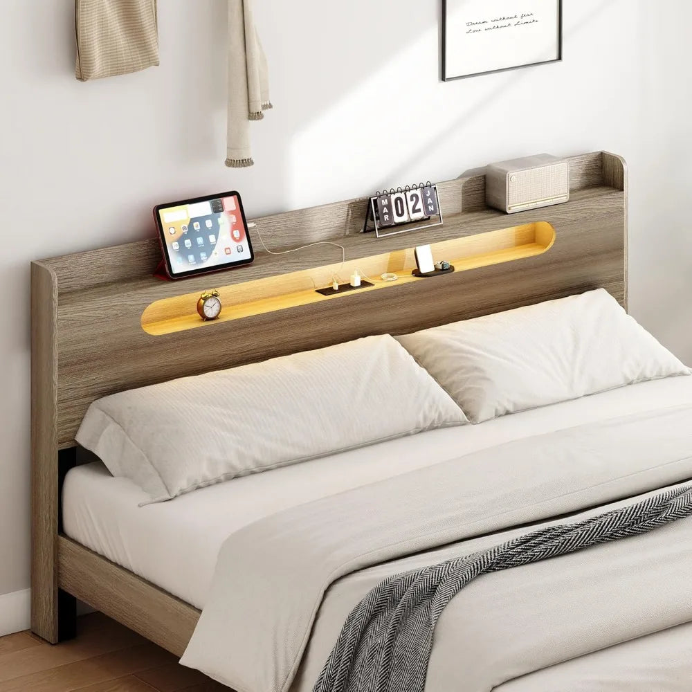 Wooden bed frame king size with headboard rustic framhouse platform bedframe wood slat support sturdy and no noise