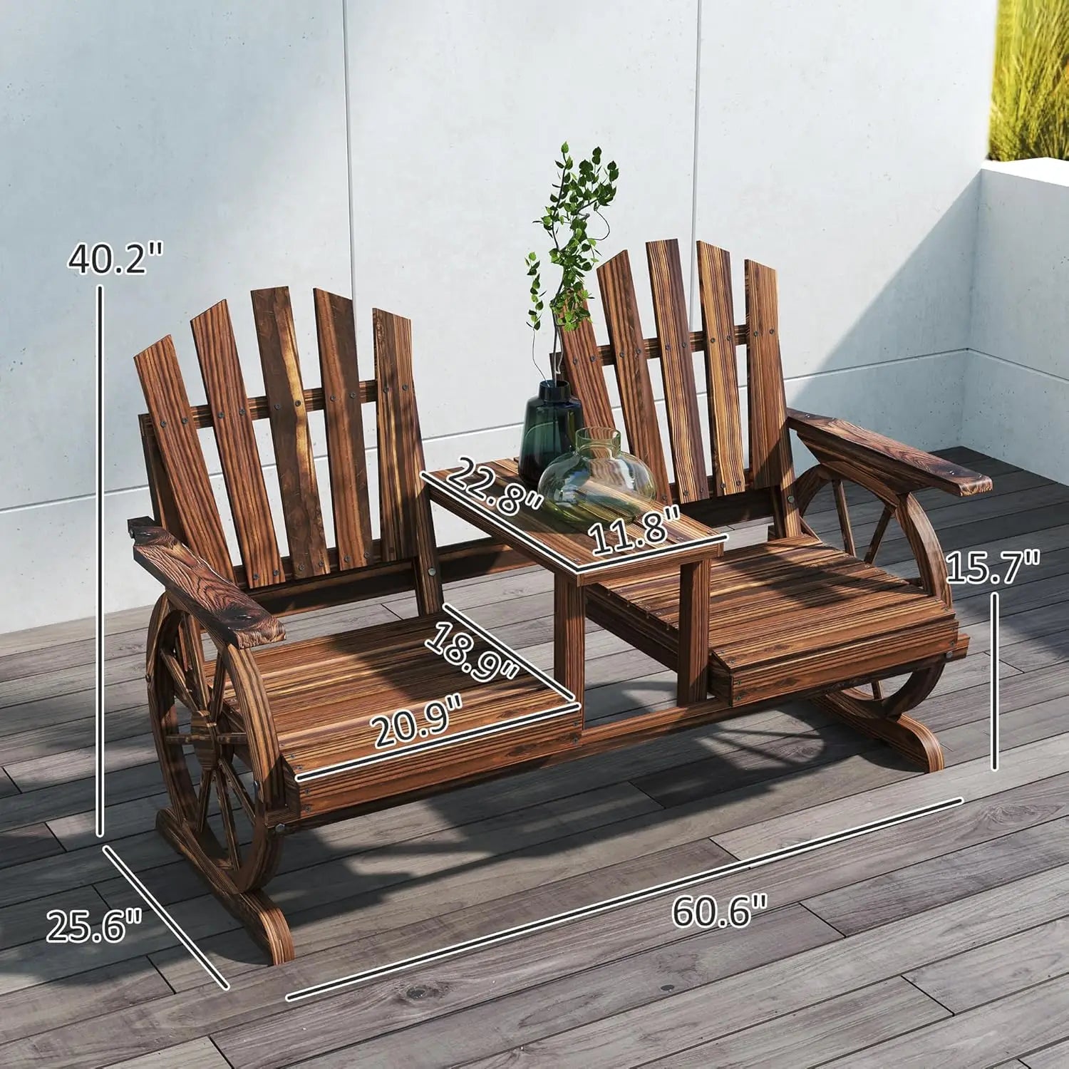 Wooden garden bench with table umbrella hole 2-seat wagon wheel outdoor slatted seat high backrest armrests - standard