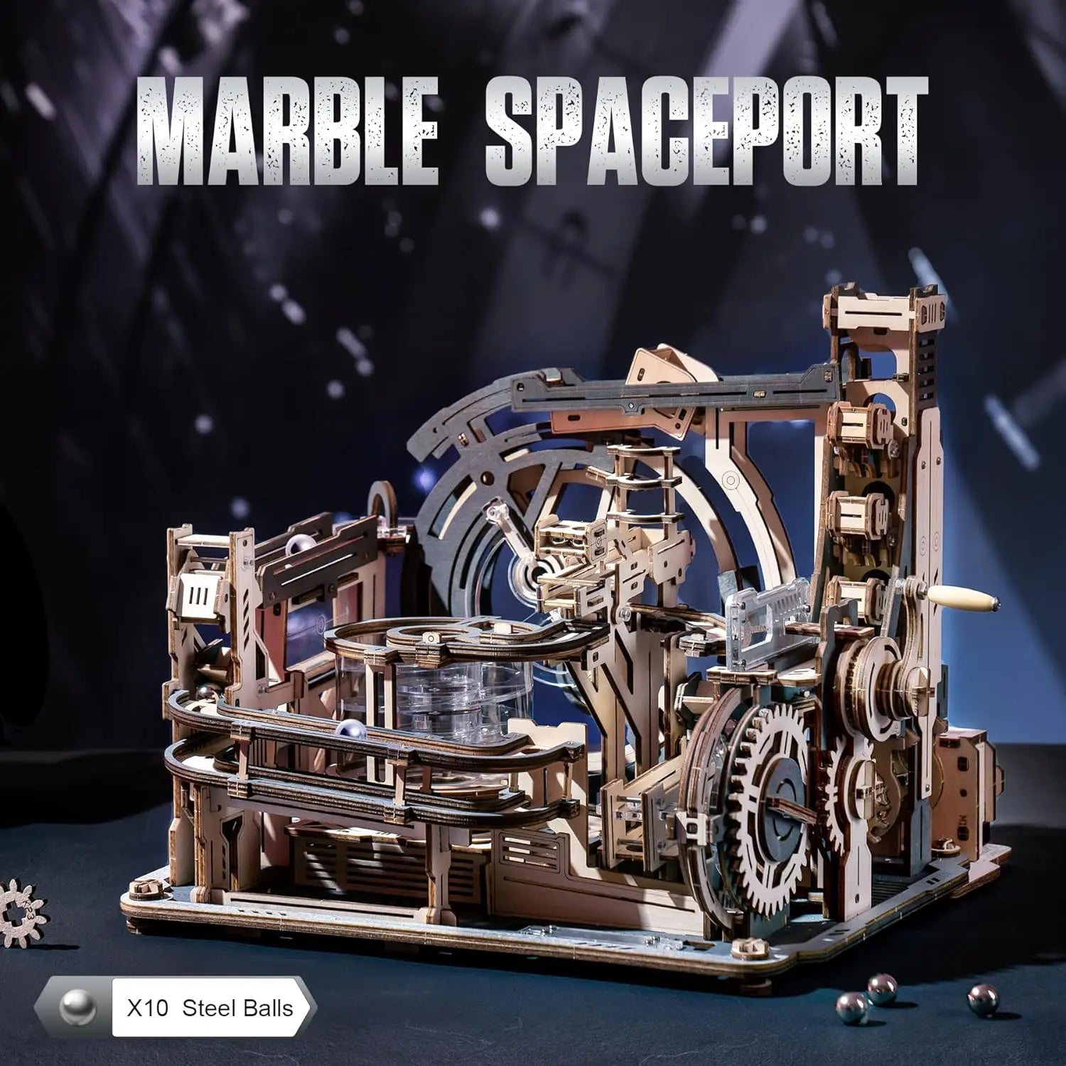 Robotime marble spaceport 3d wooden puzzle motor driven mechanical model kits with balls automatic manual modle