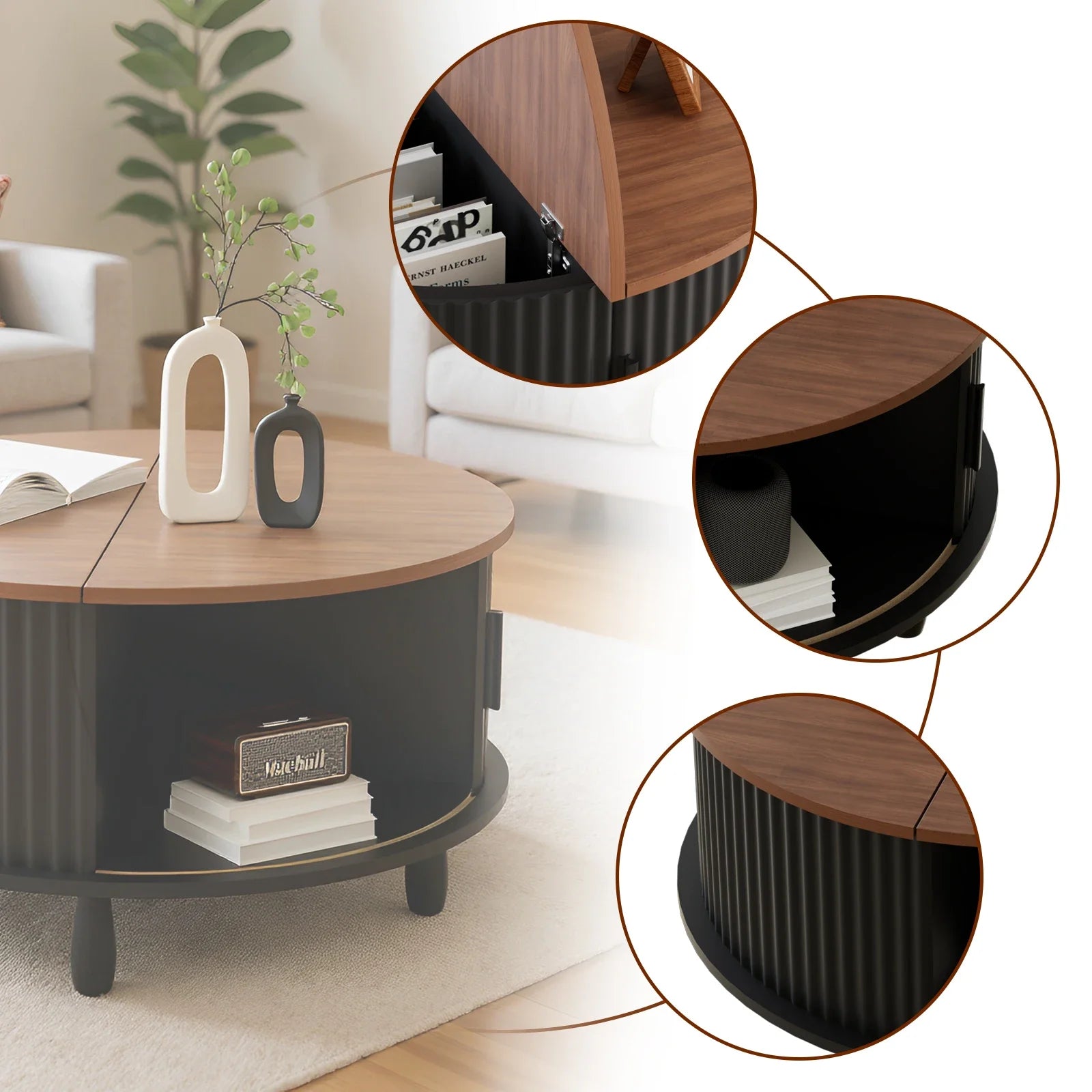 Round wooden coffee table 30.7 inch with storage function suitable for home living room office sliding cabinet door