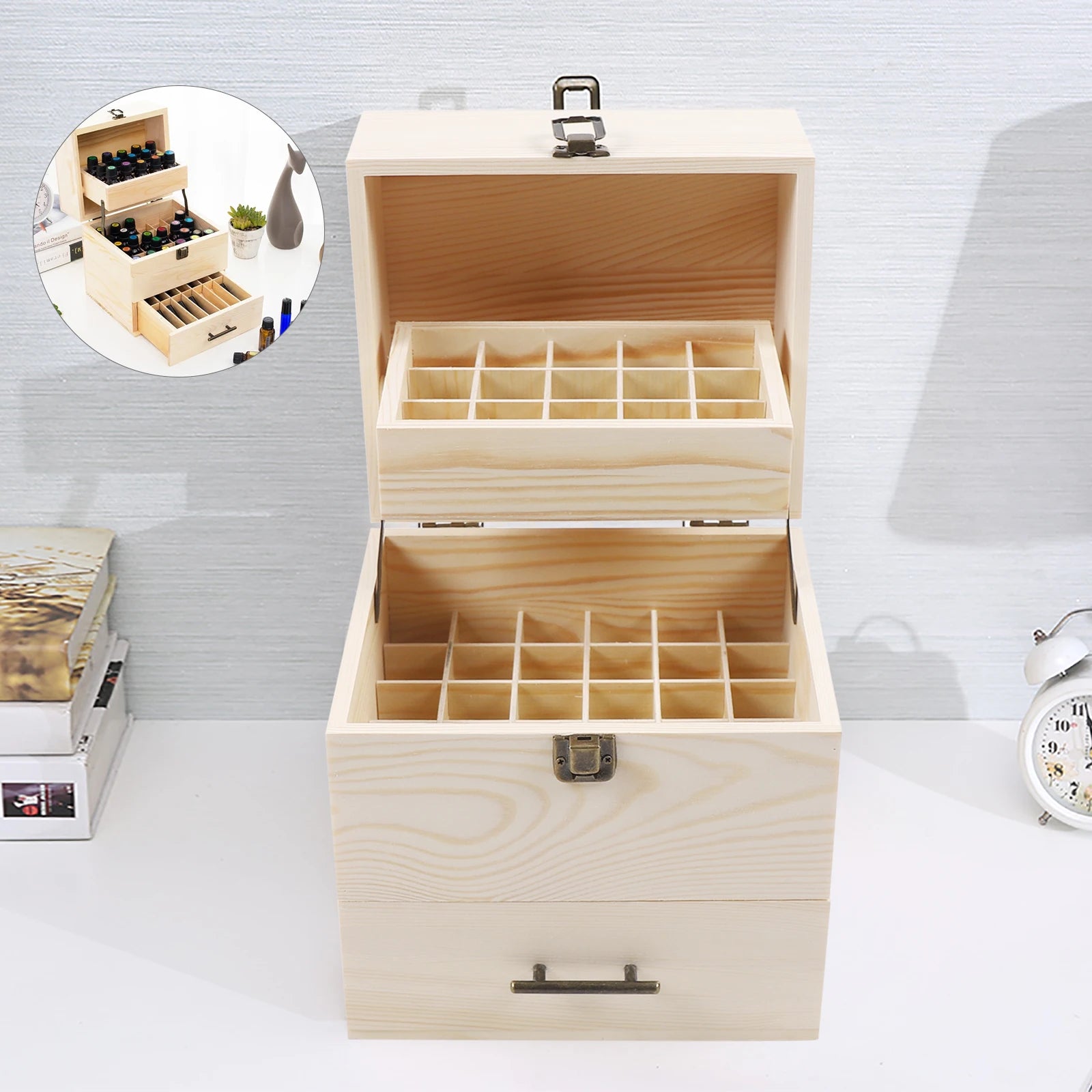 Wooden storage boxes case 59 grid level 3 space savings essential oil box large organizers multi-tray organizer - wood